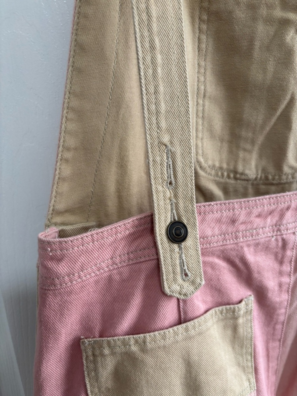 NWT Easel Two-Tone Pink and Tan Patchwork Overalls - Picture 2 of 5